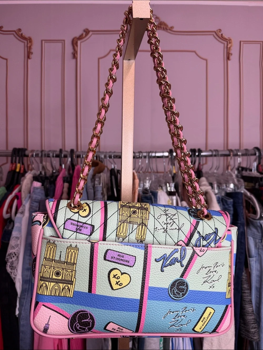 Karl Lagerfeld Paris Quilted Paris Print Chain Shoulder Bag Pink Blue Crossbody
